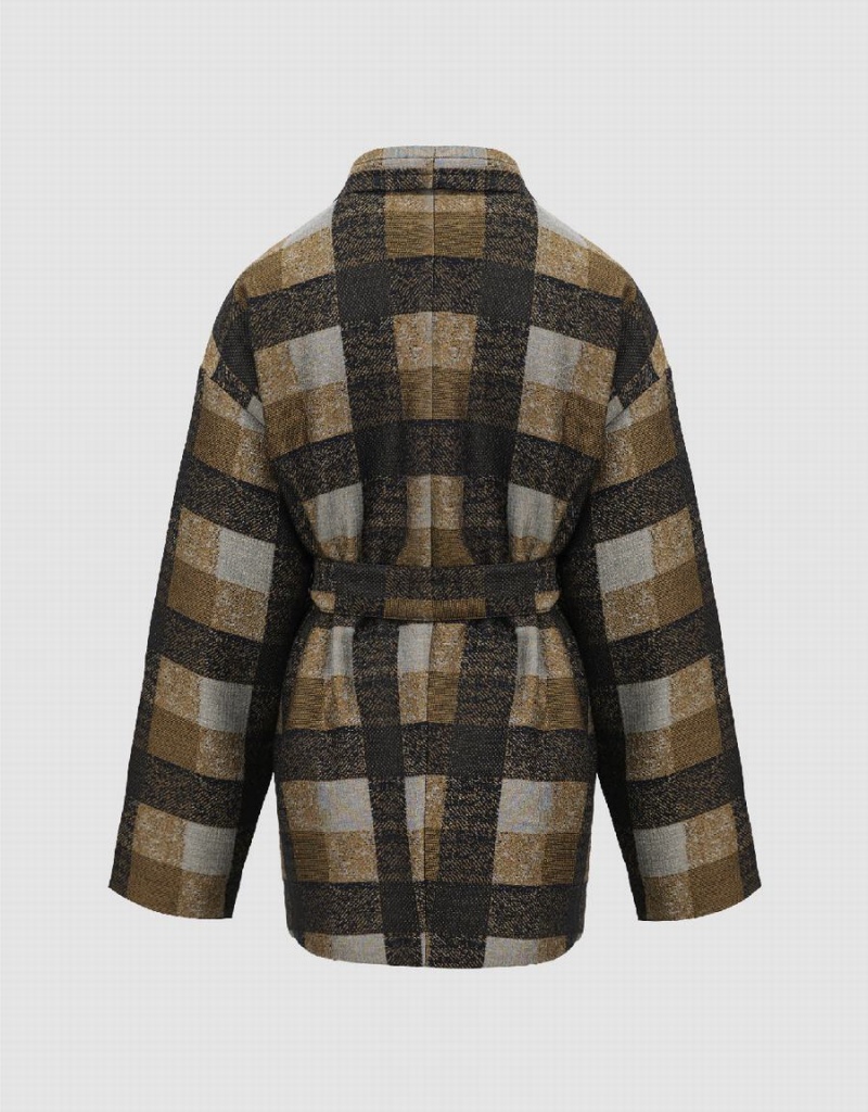 Khaki Women's Urban Revivo Plaid With Belt Down Jackets | HVV1923QQ