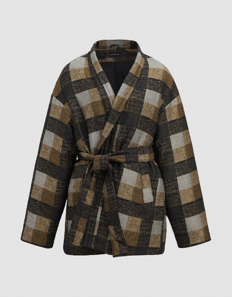 Khaki Women's Urban Revivo Plaid With Belt Down Jackets | HVV1923QQ