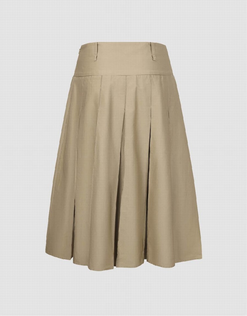 Khaki Women's Urban Revivo Pleated Midi A-Line Skirts | CEI8746TK