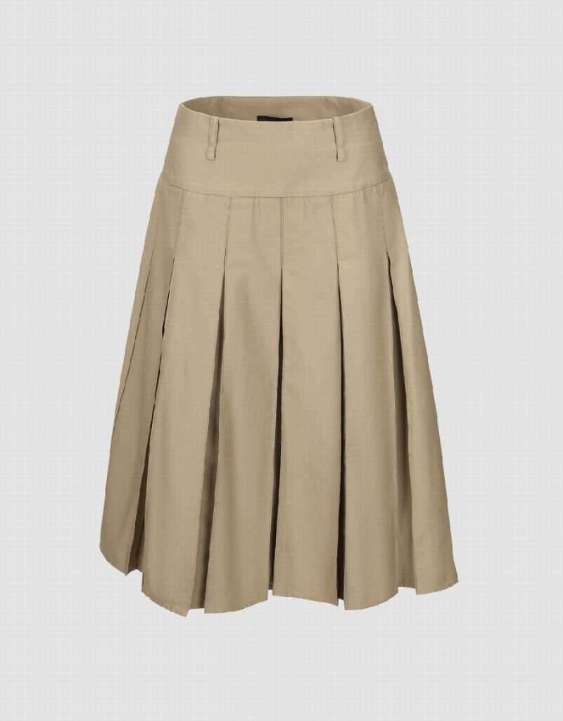 Khaki Women\'s Urban Revivo Pleated Midi A-Line Skirts | CEI8746TK