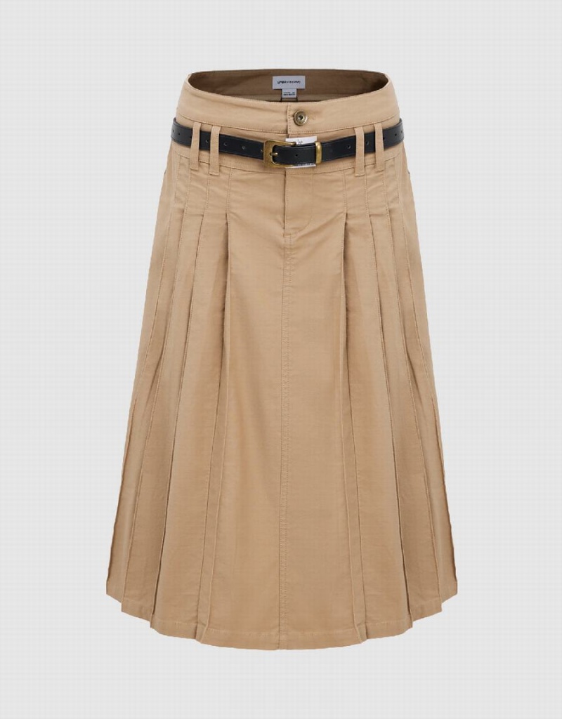 Khaki Women\'s Urban Revivo Pleated Midi A-Line Skirts | QEX154EG