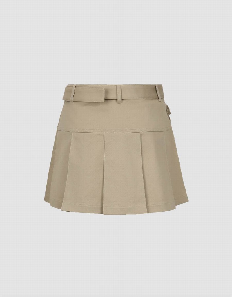 Khaki Women's Urban Revivo Pleated Mini A-Line With Belt Skirts | YTC9833XI