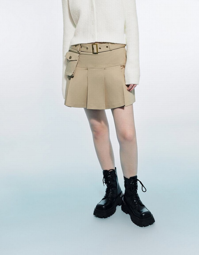 Khaki Women's Urban Revivo Pleated Mini A-Line With Belt Skirts | YTC9833XI