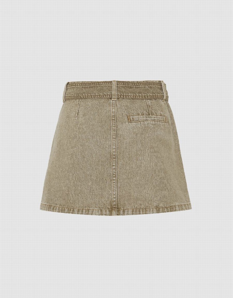 Khaki Women's Urban Revivo Pleated Mini A-Line Denim Skirts | XSL1738CF