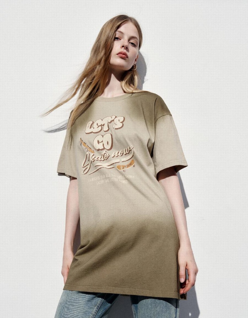 Khaki Women's Urban Revivo Printed Crew Neck Straight Dress | BOX9463ZE