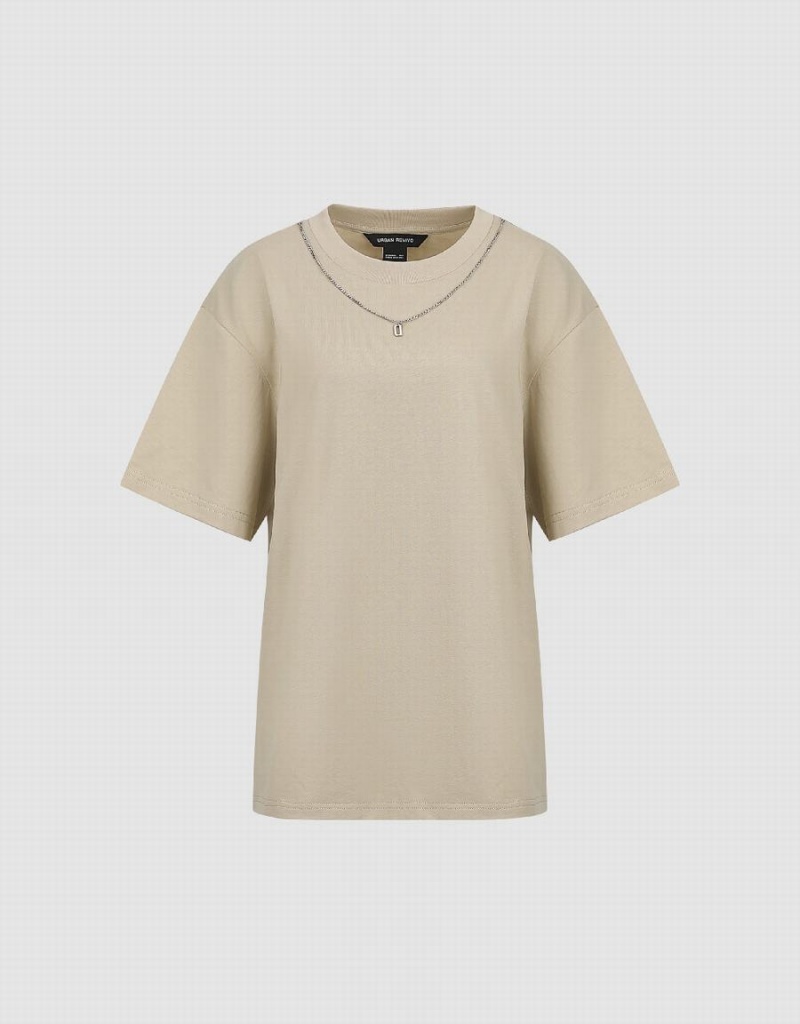 Khaki Women's Urban Revivo Regular With Necklace T Shirts | TKE7336MA