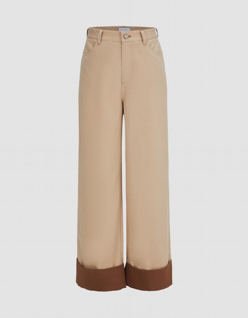 Khaki Women's Urban Revivo Rolled Up Hem Straight Pants | CNO2797XA