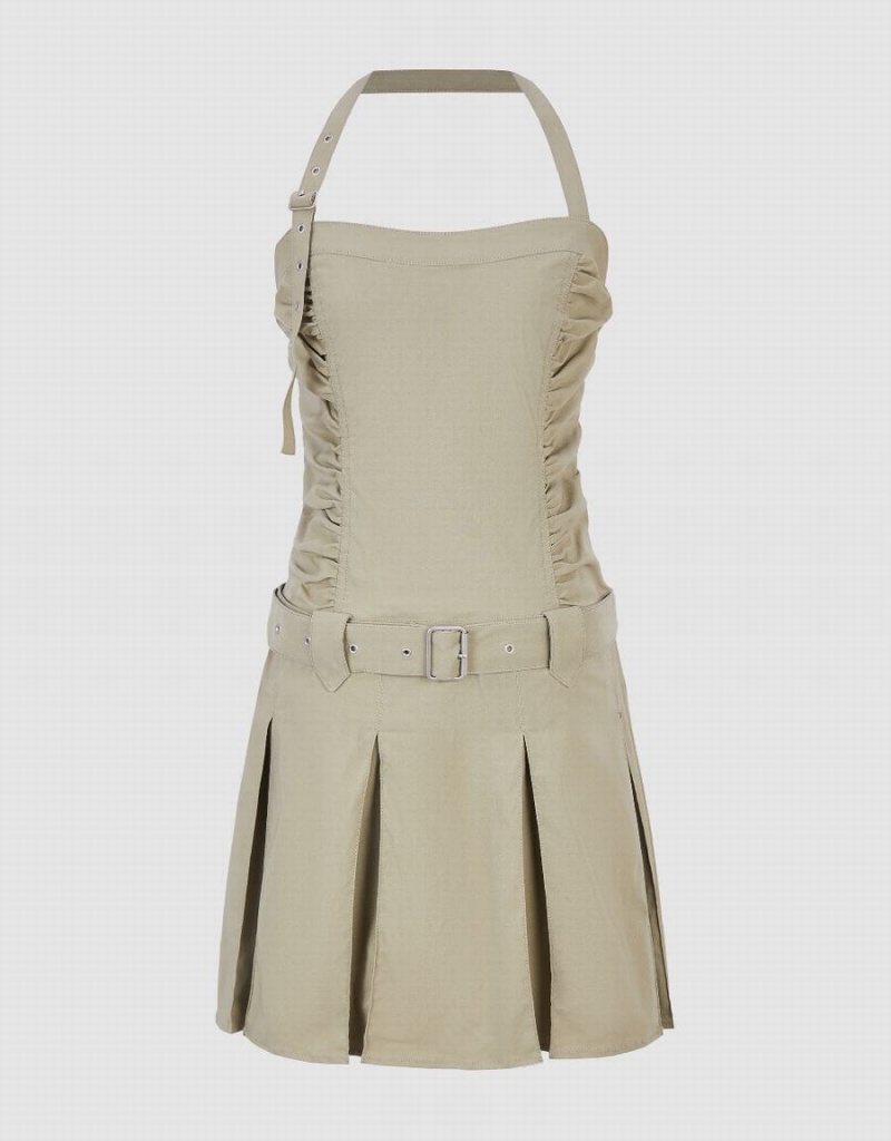 Khaki Women's Urban Revivo Sleeveless A-Line With Belt Dress | NUW7233OW