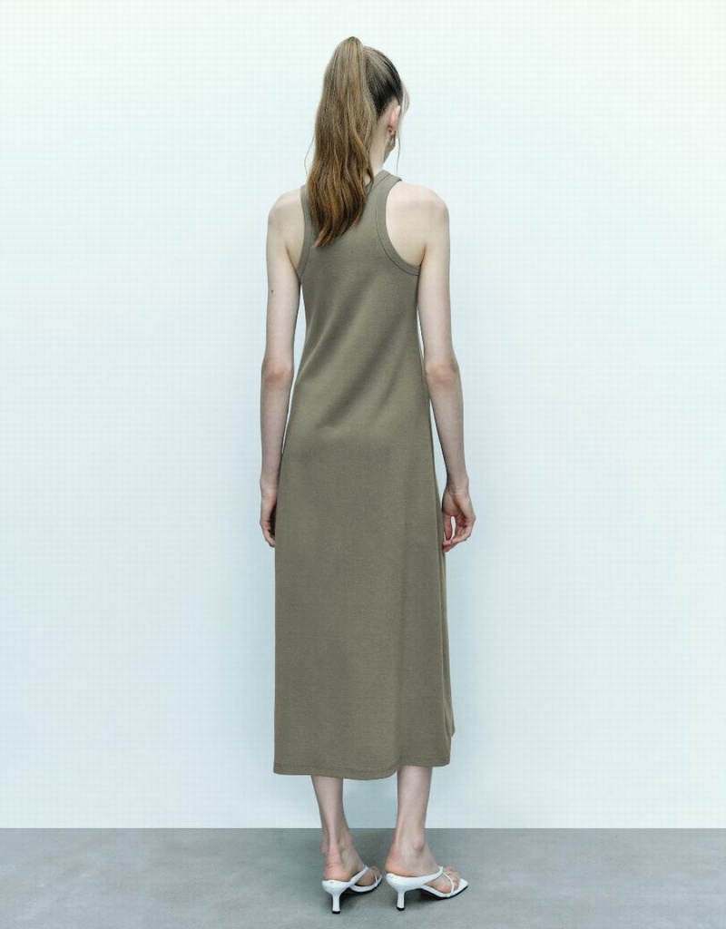 Khaki Women's Urban Revivo Sleeveless Crew Neck A-Line Dress | UFO6682AT