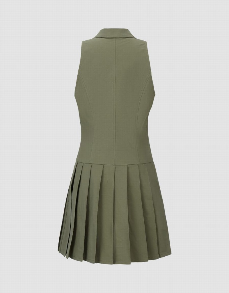 Khaki Women's Urban Revivo Sleeveless Lapel Skater Dress | RJS7832LQ