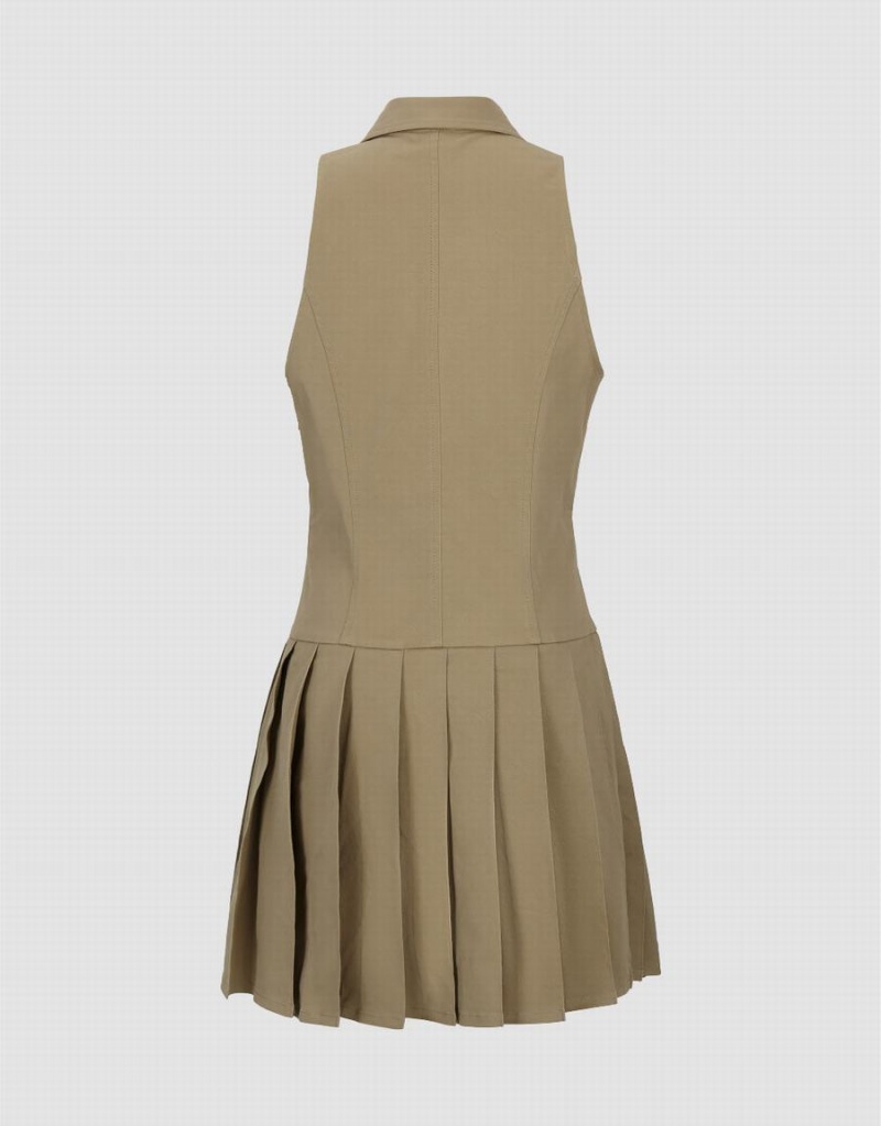 Khaki Women's Urban Revivo Sleeveless Lapel Skater Dress | RJS7832LQ