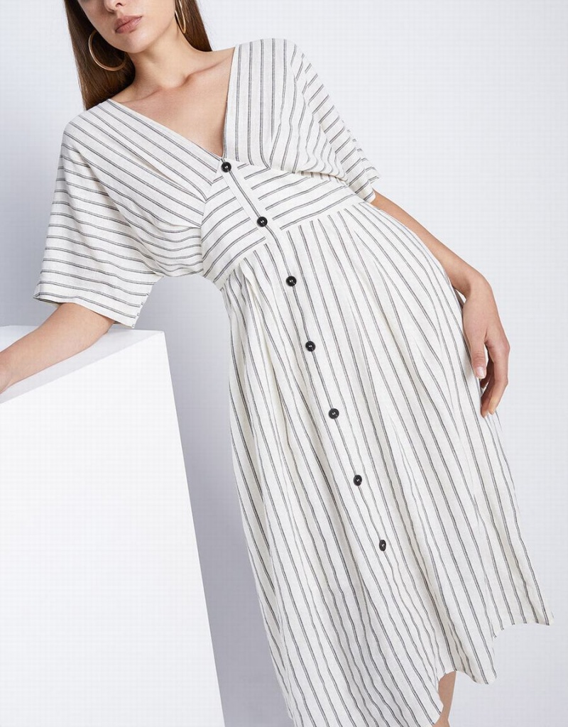 Khaki Women's Urban Revivo Striped Button Front Midi Dress | ZFU7944AO