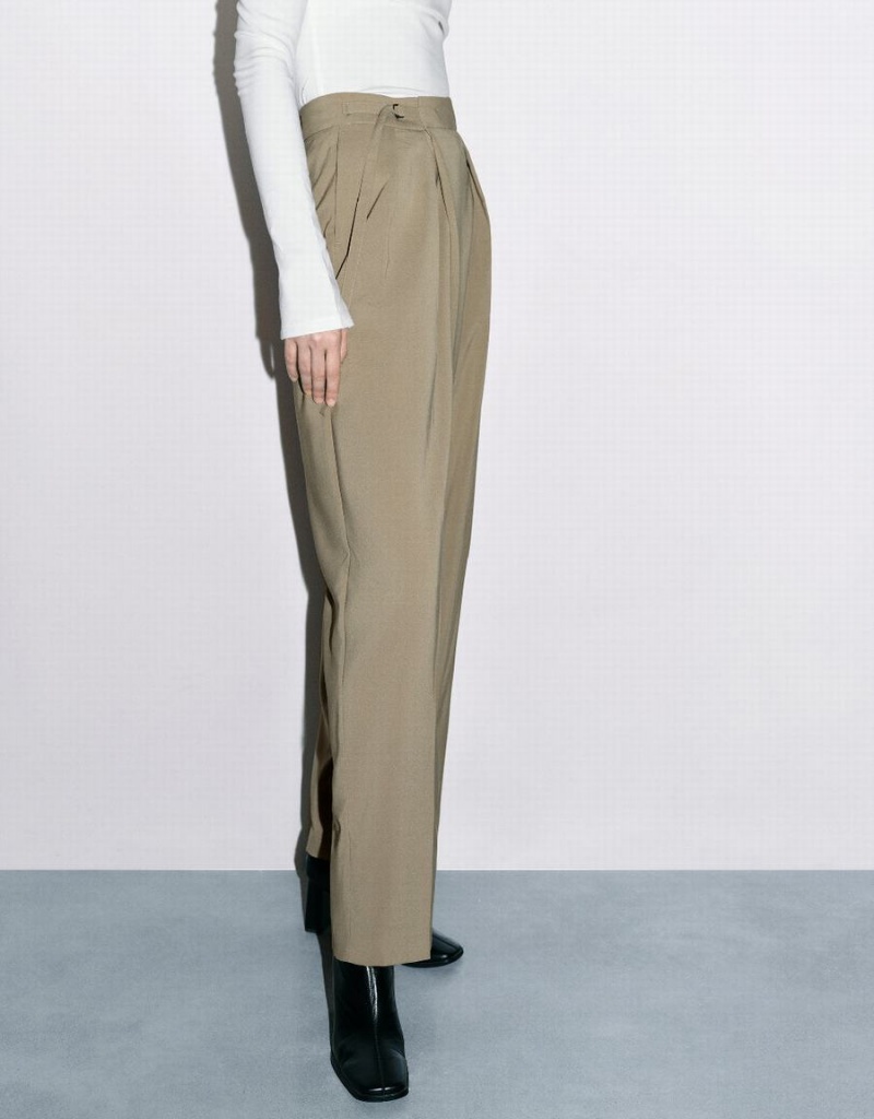 Khaki Women's Urban Revivo Tailored Straight Pants | WGR4784LF