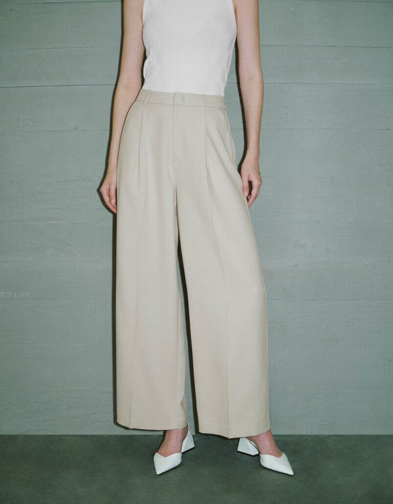 Khaki Women's Urban Revivo Tailored Wide-Leg Pants | OTU620VJ