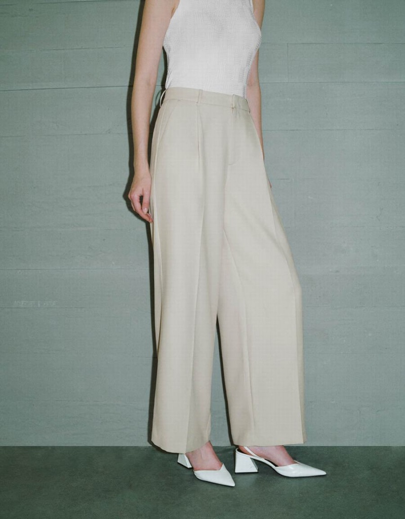 Khaki Women's Urban Revivo Tailored Wide-Leg Pants | OTU620VJ