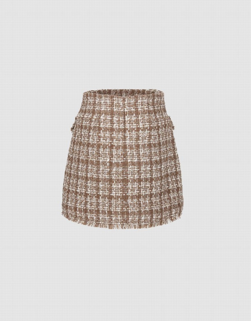 Khaki Women's Urban Revivo Tweed Mini A-Line Skirts | HUO1194FC