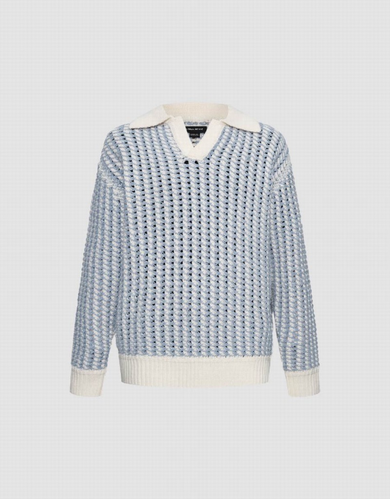 Light Blue Men's Urban Revivo Striped Two Toned Knitted Cardigan | GFV6517JH