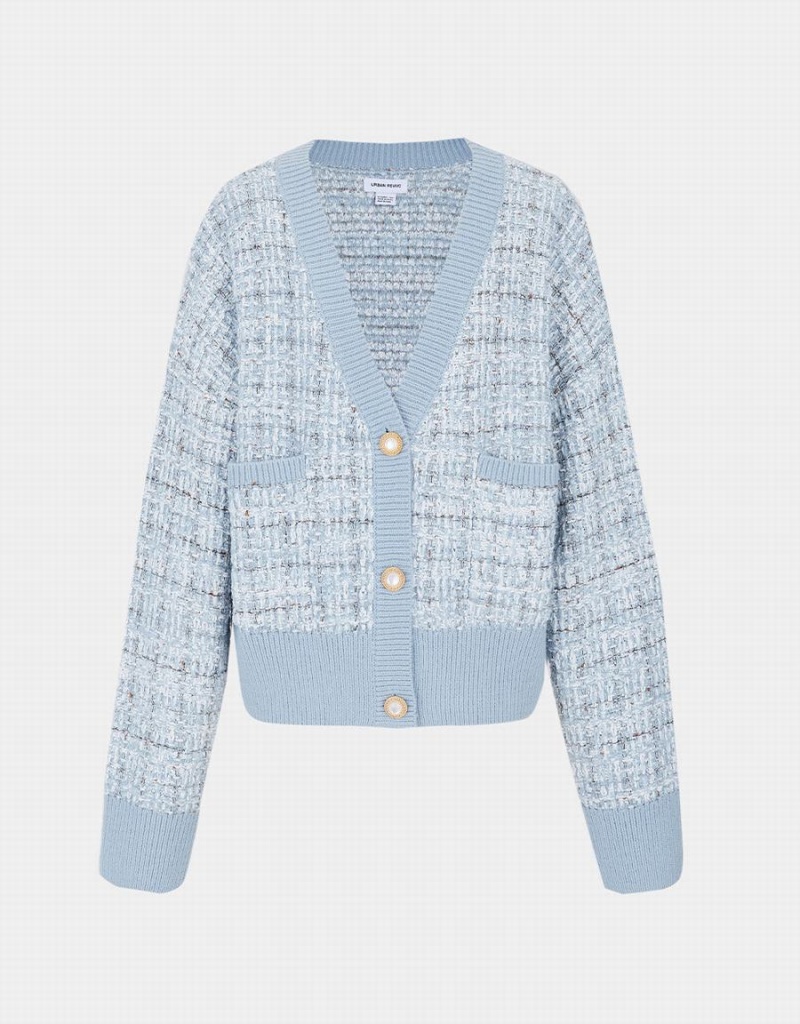 Light Blue Women's Urban Revivo Pocket Tweed Plaid Cardigan | JNM5880ND