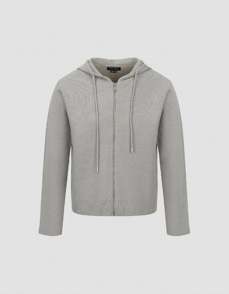 Light Grey Men's Urban Revivo Zipper Front Hooded Knitted Cardigan | MIF2019CA