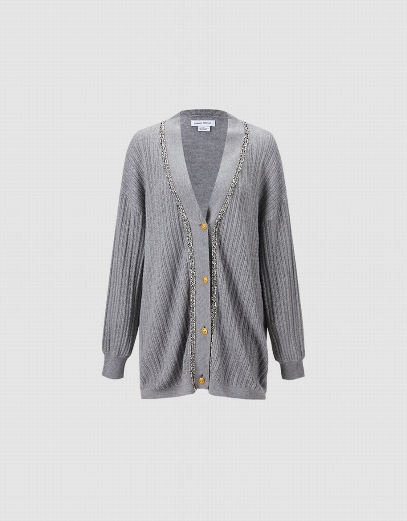 Light Grey Women's Urban Revivo Contrast Trim Cardigan | EHQ9216WH