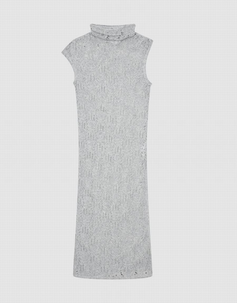 Light Grey Women's Urban Revivo Crochet Sleeveless Turtle Neck Straight Dress | WAU7562PU