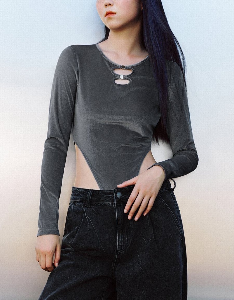 Light Grey Women's Urban Revivo Cut-Out Crew Neck Skinny T Shirts | KLO471MS