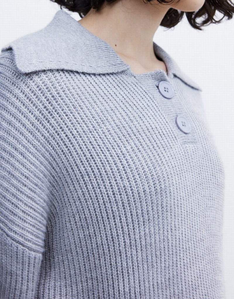 Light Grey Women's Urban Revivo Half Button Drop Shoulder Sweaters | LCY594EZ