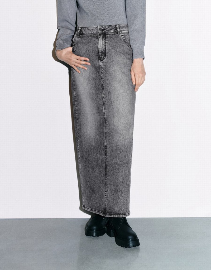 Light Grey Women's Urban Revivo Midi Straight Denim Skirts | KPH8370XP