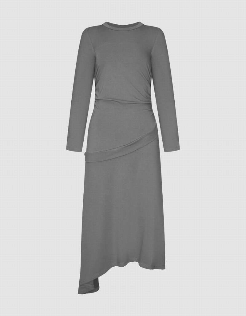 Light Grey Women's Urban Revivo Ruched Crew Neck A-Line Dress | APQ96100GK