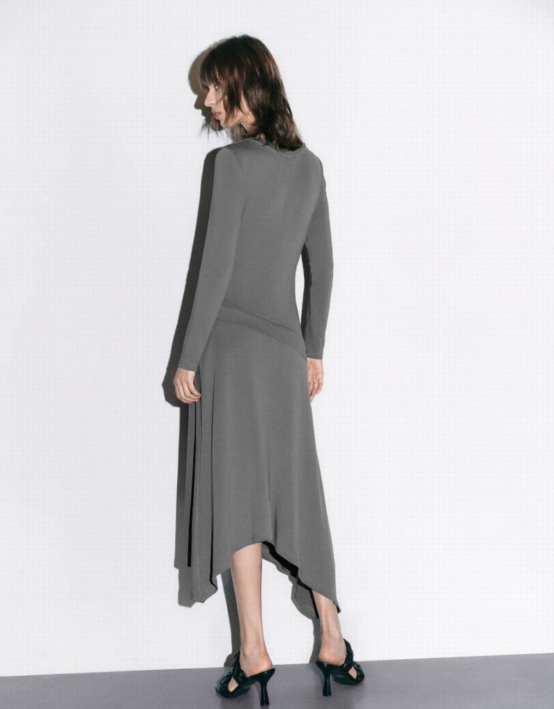 Light Grey Women's Urban Revivo Ruched Crew Neck A-Line Dress | APQ96100GK