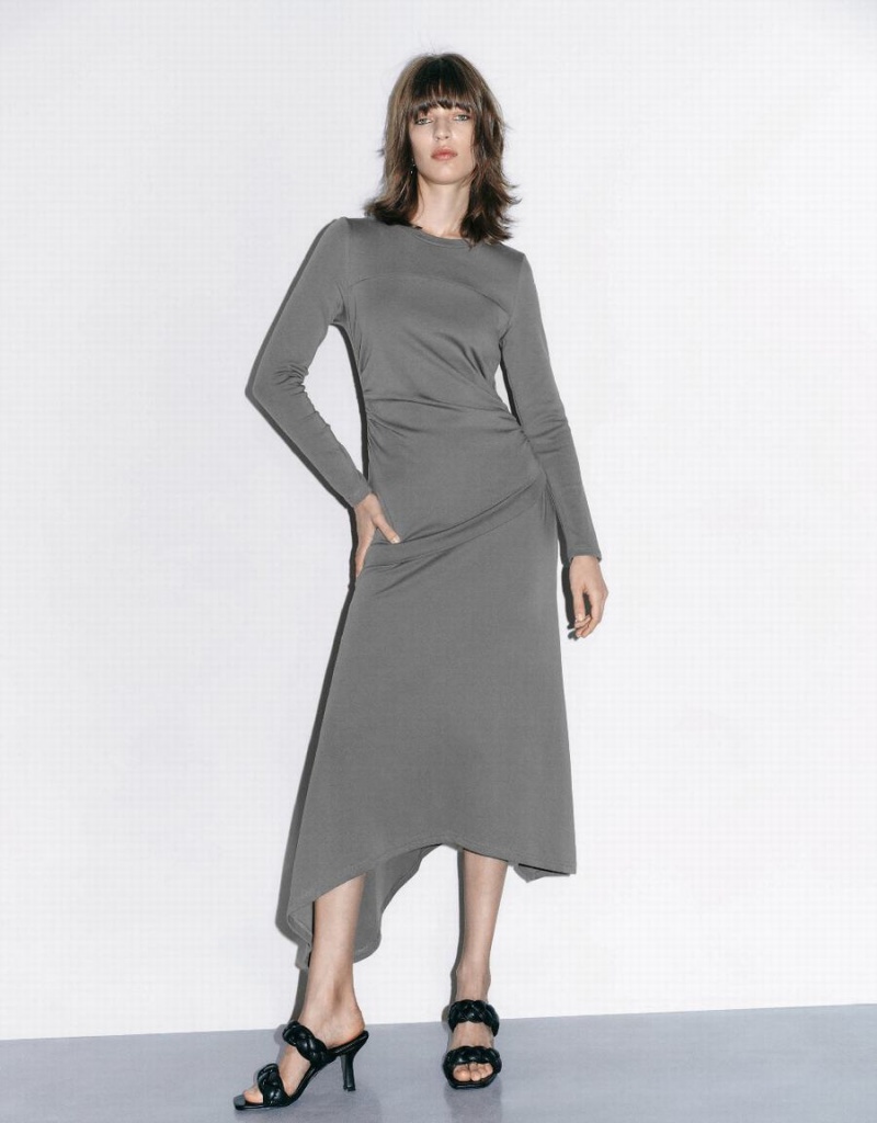 Light Grey Women\'s Urban Revivo Ruched Crew Neck A-Line Dress | APQ96100GK