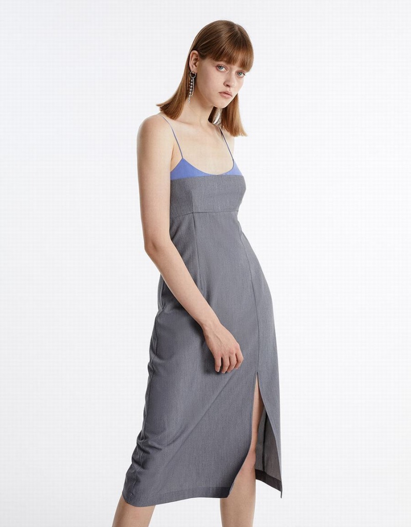 Light Grey Women\'s Urban Revivo Slit Hem Contrast Color Dress | NHP2919AB