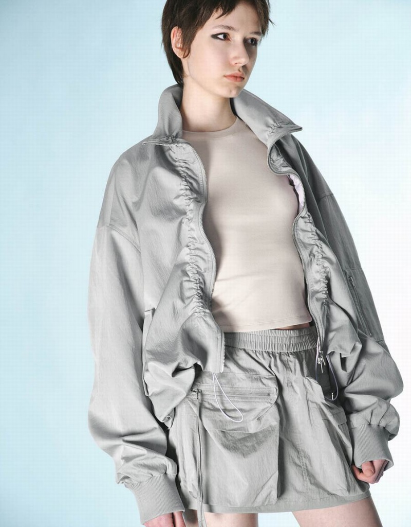 Light Grey Women's Urban Revivo Zipper Front Drop Shoulder Sleeve Jackets | PWX4923BA