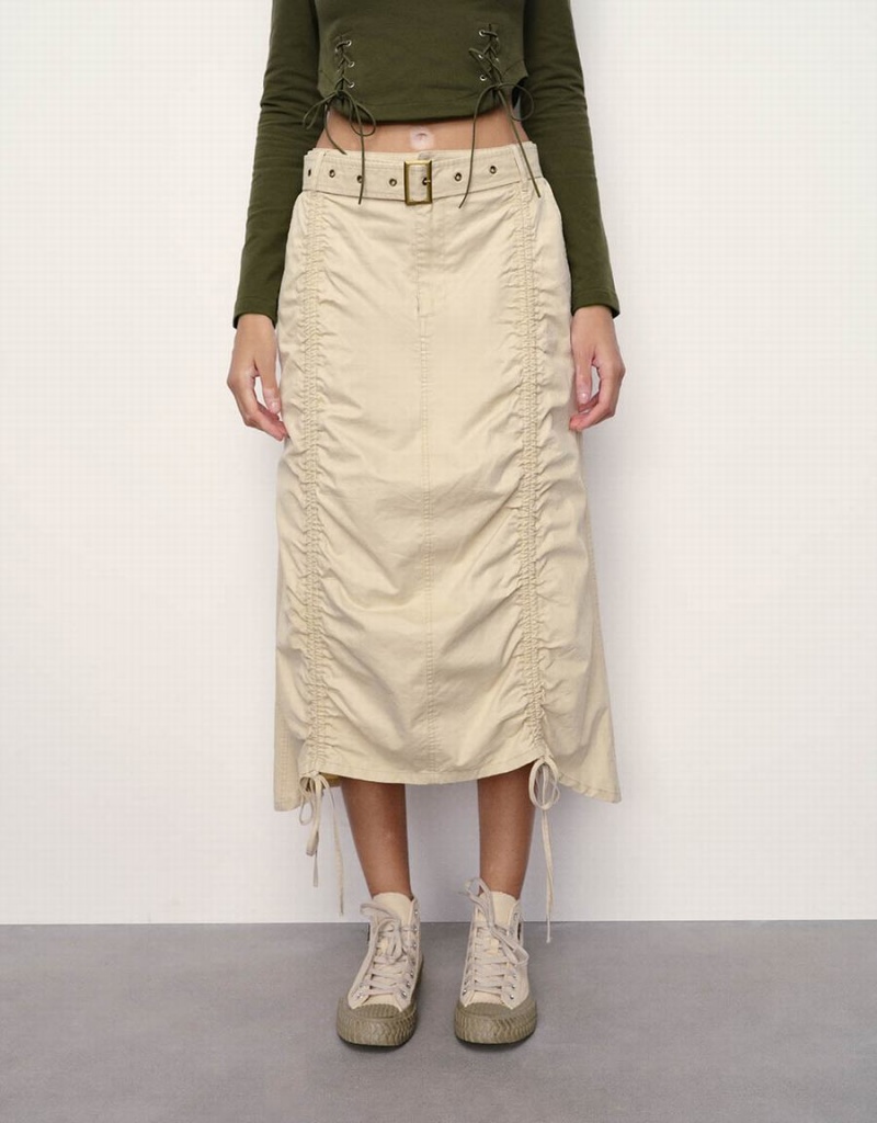 Light Khaki Women's Urban Revivo Ruched A-Line Skirts | ZOC7992YZ