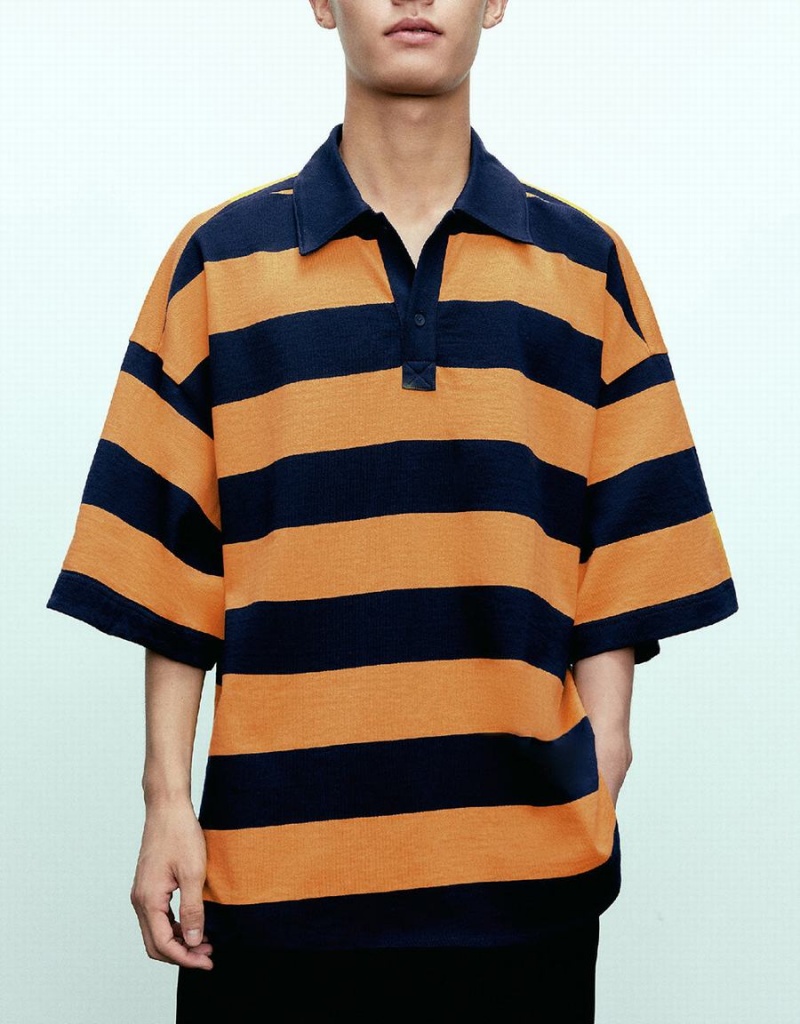 Orange Men's Urban Revivo Oversized Striped Polo Shirts | ARL8279UX