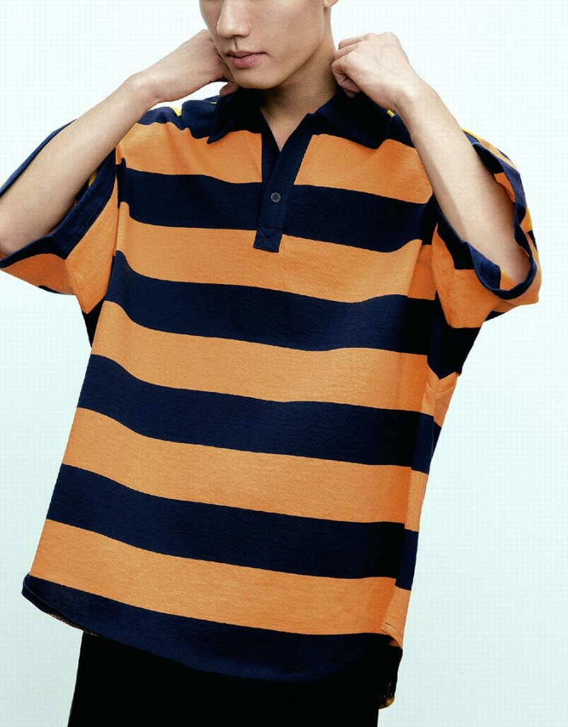 Orange Men's Urban Revivo Oversized Striped Polo Shirts | ARL8279UX