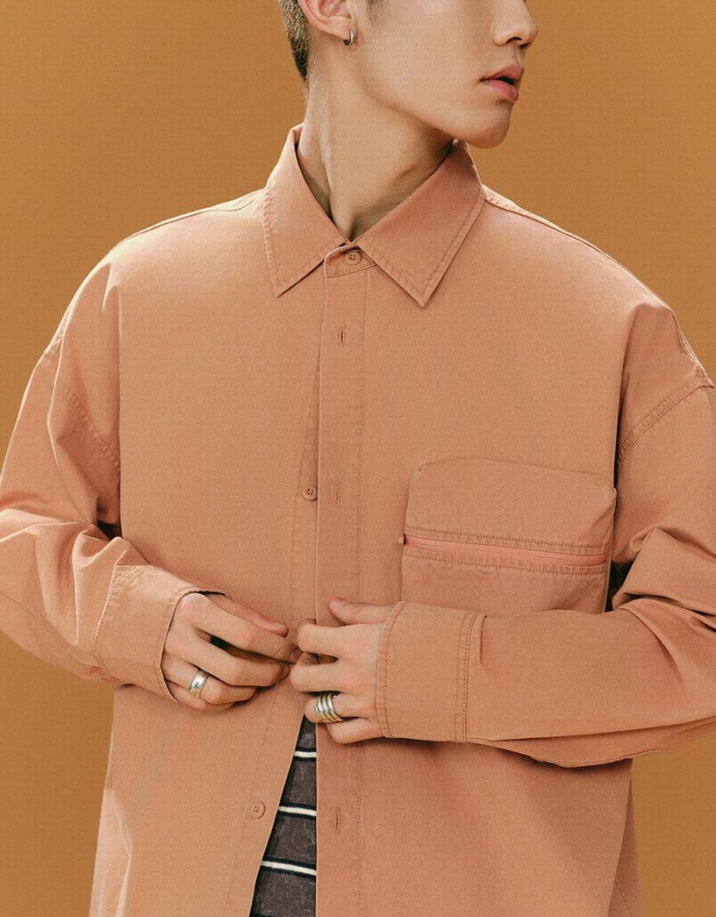 Orange Men's Urban Revivo Straight Oversized Shirts | LWR9311UK