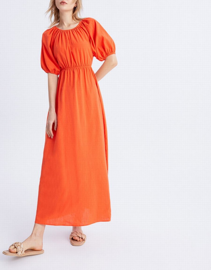 Orange Women's Urban Revivo Cut Out Back Puff Sleeve Maxi Dress | GDB6039CI