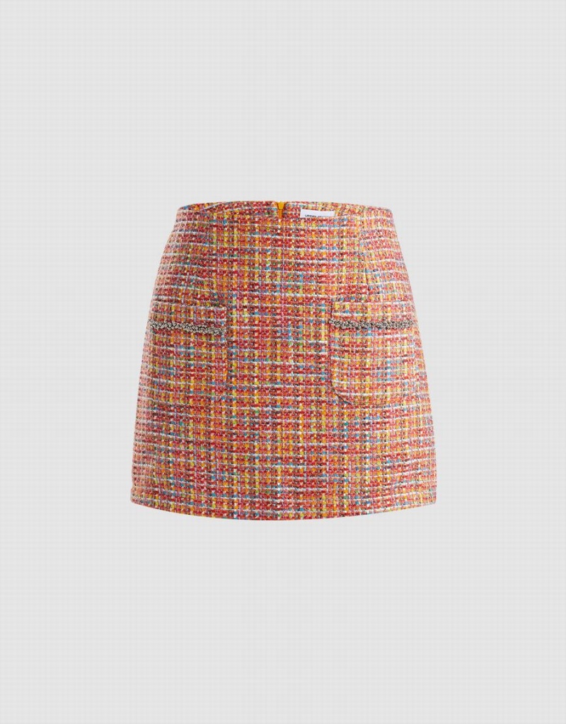 Orange Women\'s Urban Revivo Patched Pocket Tweed Skirts | MAN81100EO