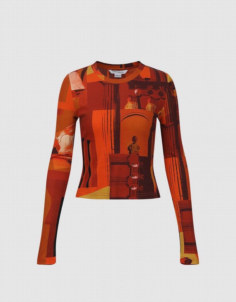 Orange Women's Urban Revivo Printed Crew Neck Skinny Sweatshirts | LIE3912ZF