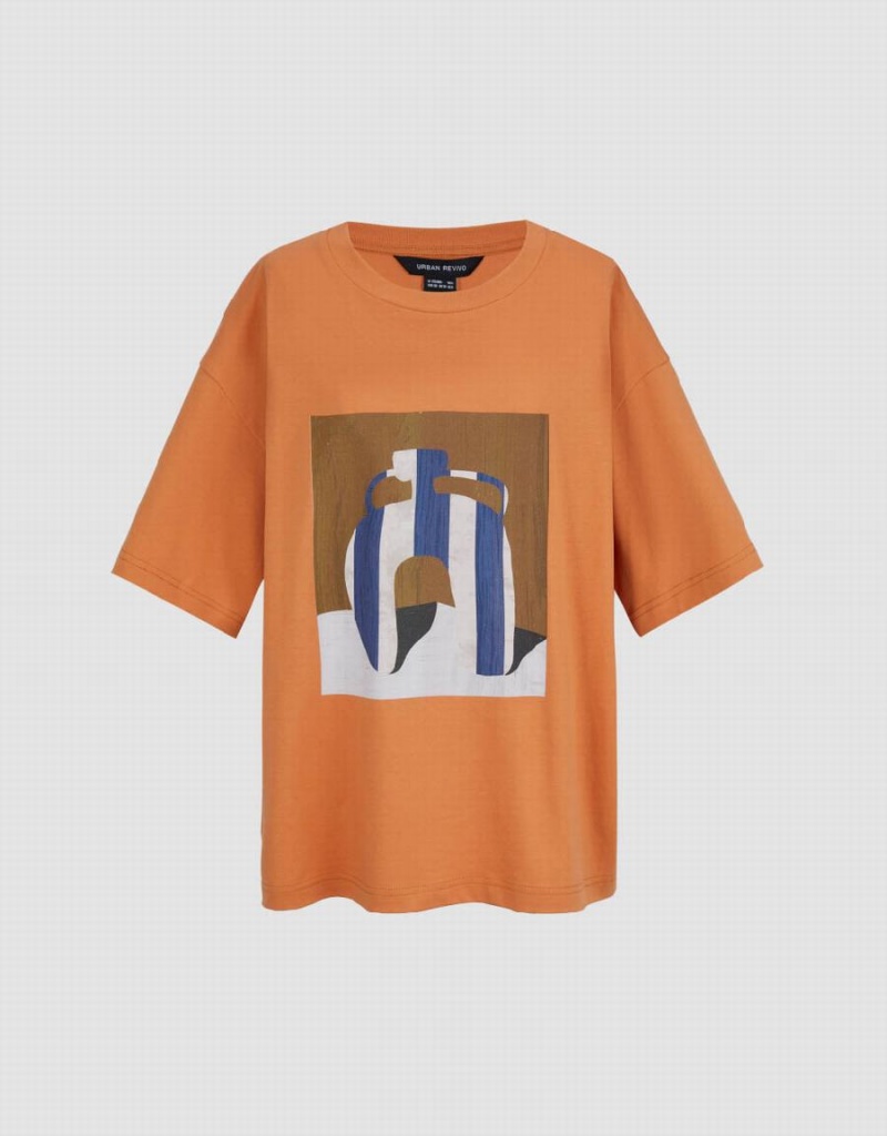 Orange Women's Urban Revivo Printed Loose T Shirts | XSR1062BS