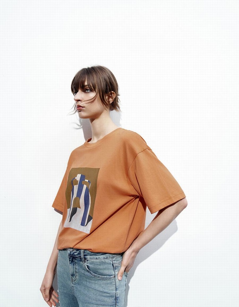 Orange Women's Urban Revivo Printed Loose T Shirts | XSR1062BS