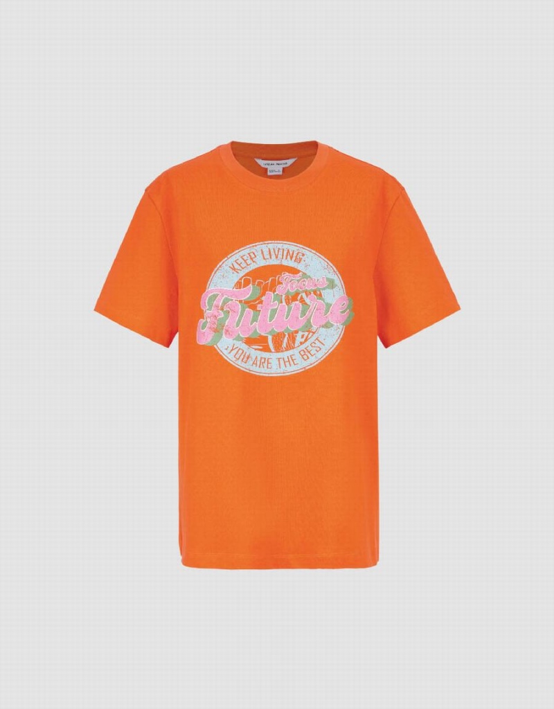 Orange Women's Urban Revivo Printed Straight T Shirts | RWP4348DD