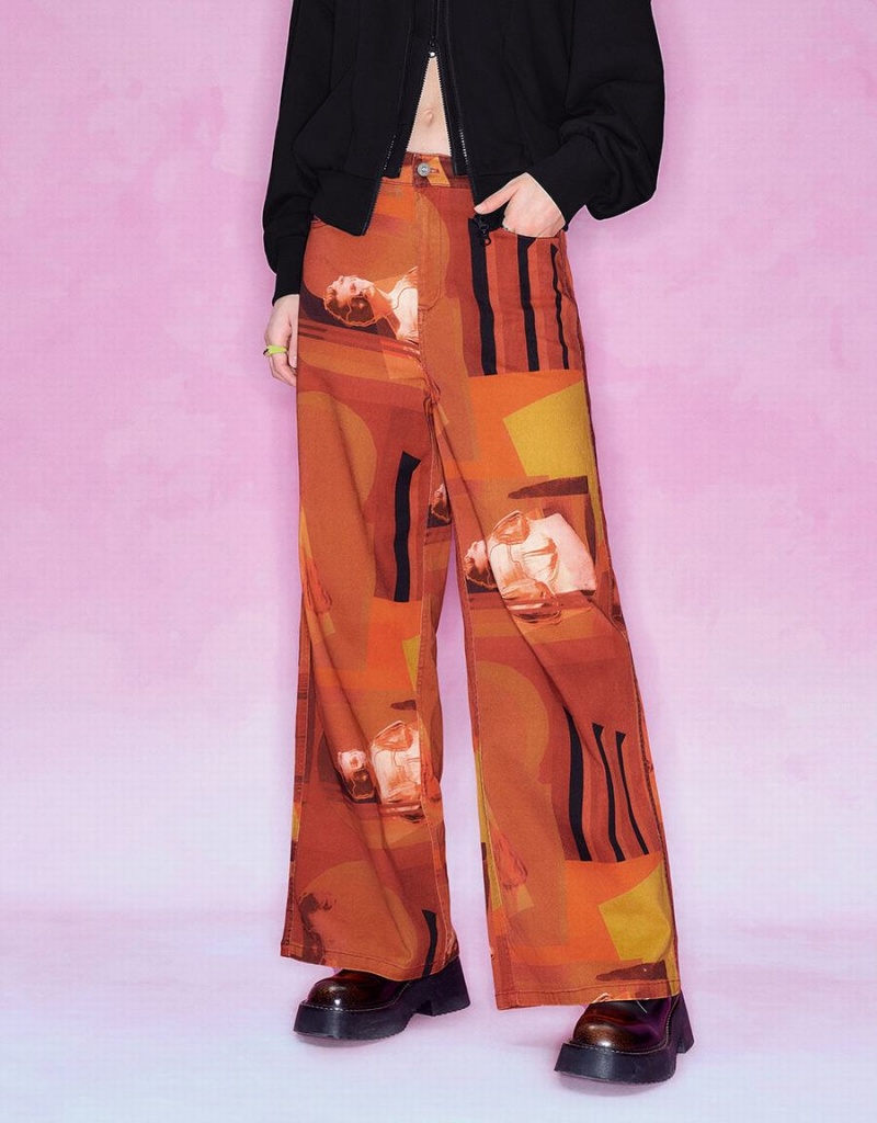 Orange Women's Urban Revivo Printed Straight Pants | FKR10059US