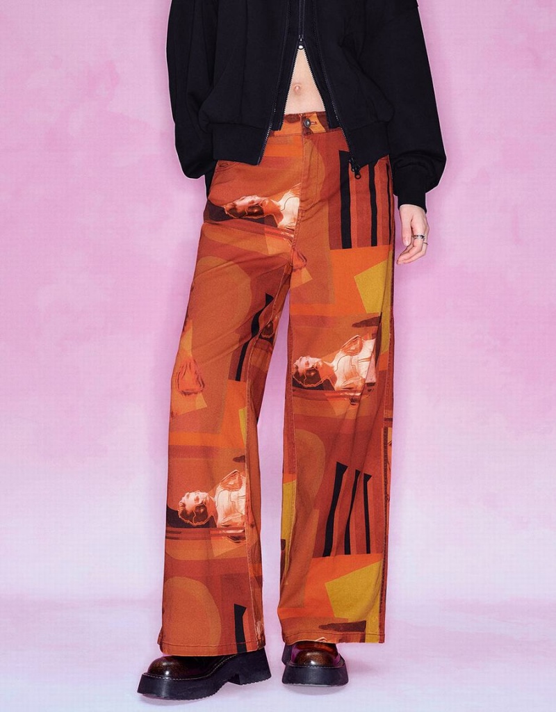 Orange Women's Urban Revivo Printed Straight Pants | FKR10059US