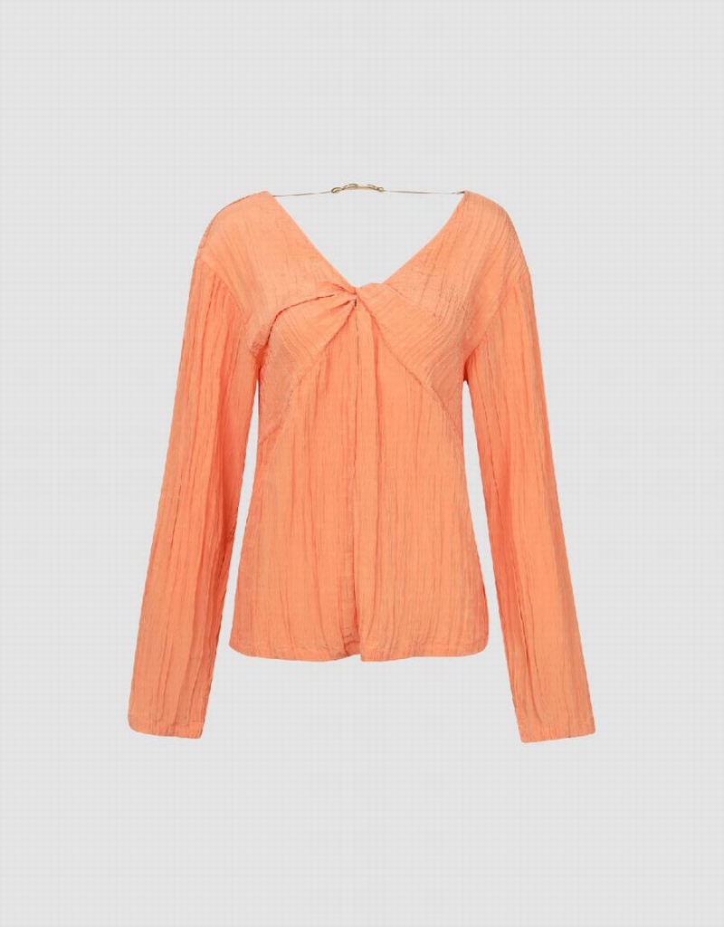 Orange Women's Urban Revivo V-Neck Overhead Blouse | RJW2655ZN