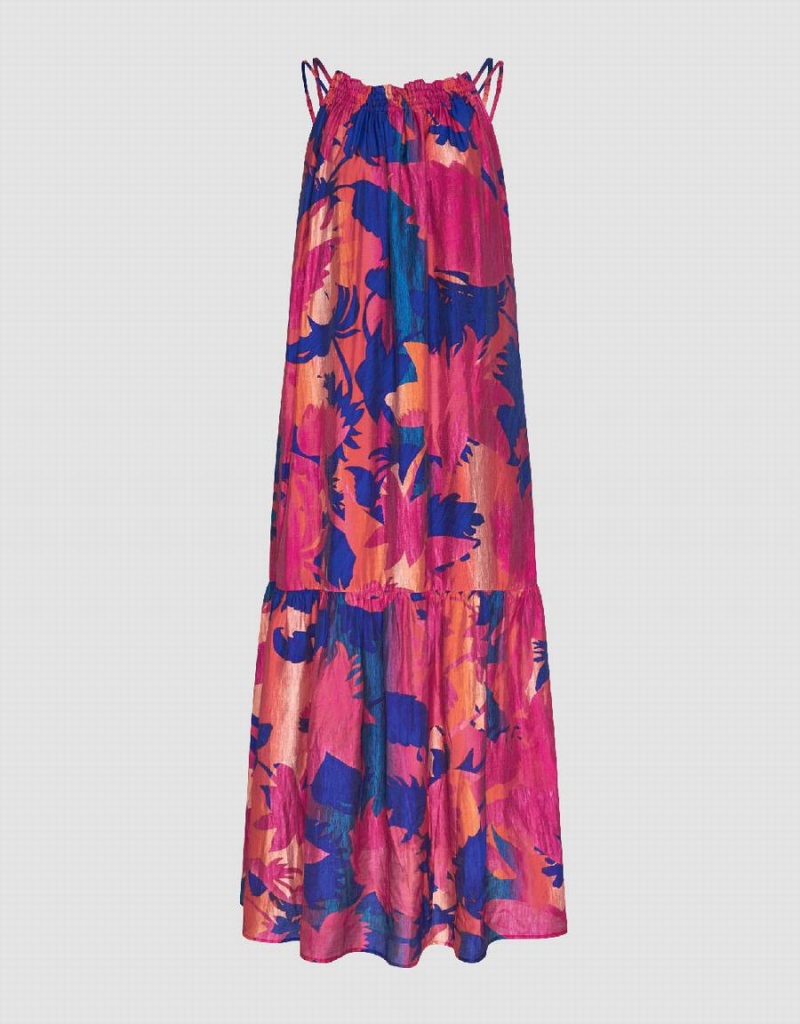 Pink Blue Women's Urban Revivo Halter Neck Printed A-Line Dress | DVM2375FN