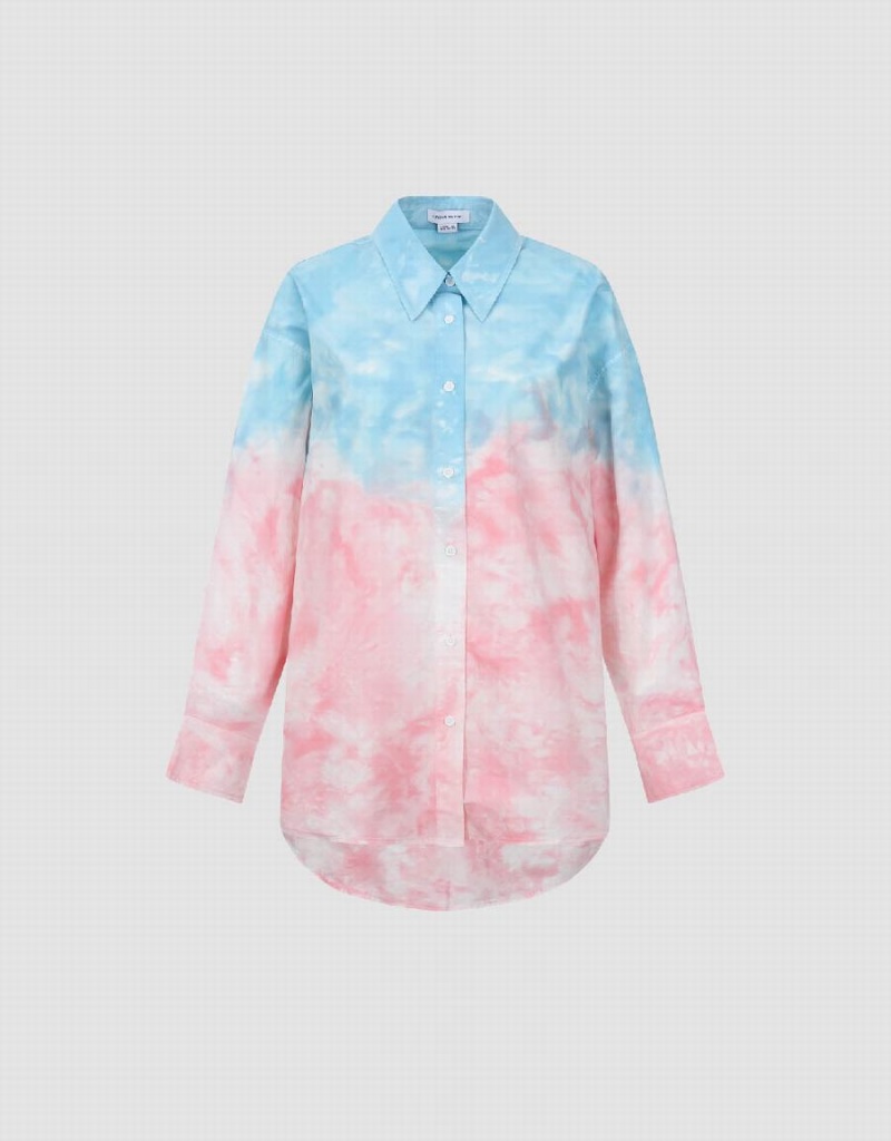 Pink Blue Women's Urban Revivo Two Toned Printed Straight Shirts | ZCK6180DQ