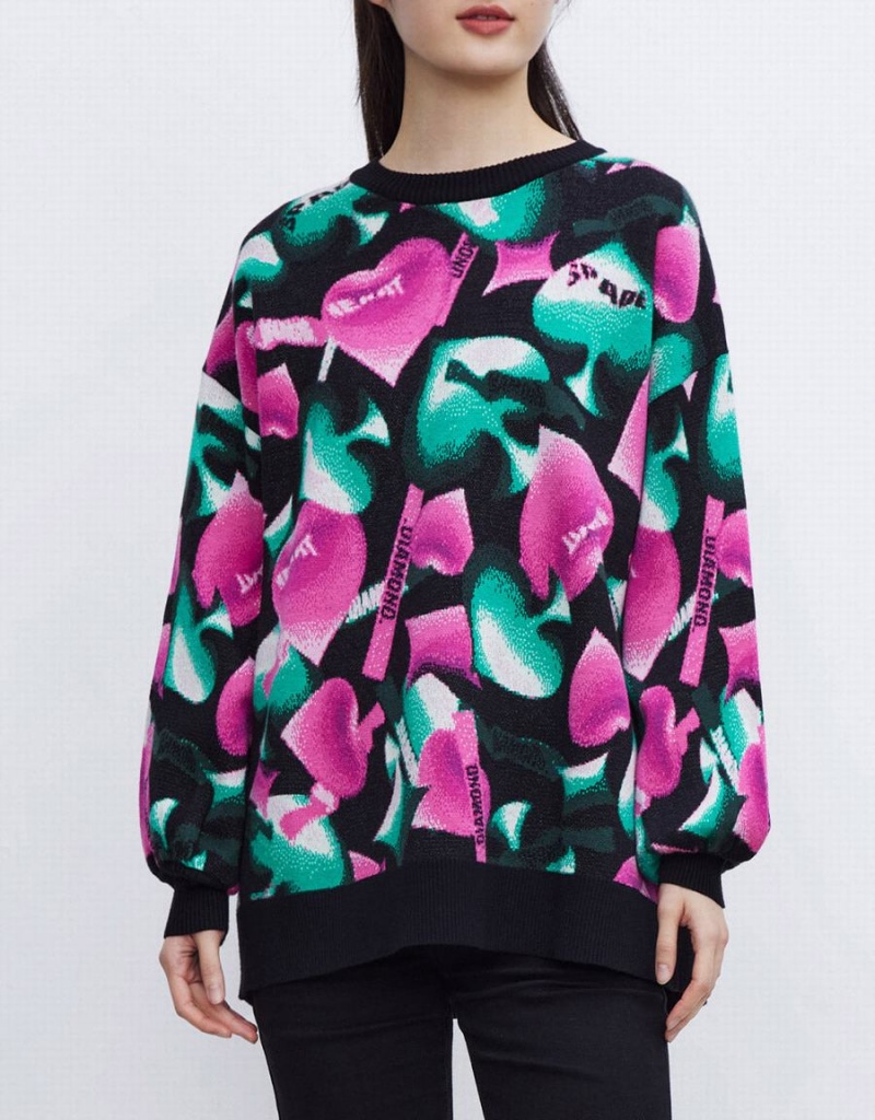 Pink Green Black Women's Urban Revivo Heart Pattern Oversized Sweaters | DTZ4798ZL