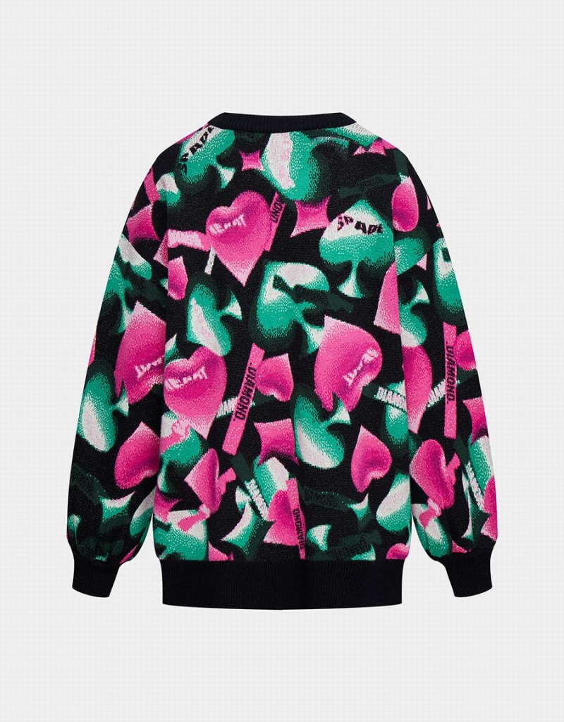 Pink Green Black Women's Urban Revivo Heart Pattern Oversized Sweaters | DTZ4798ZL